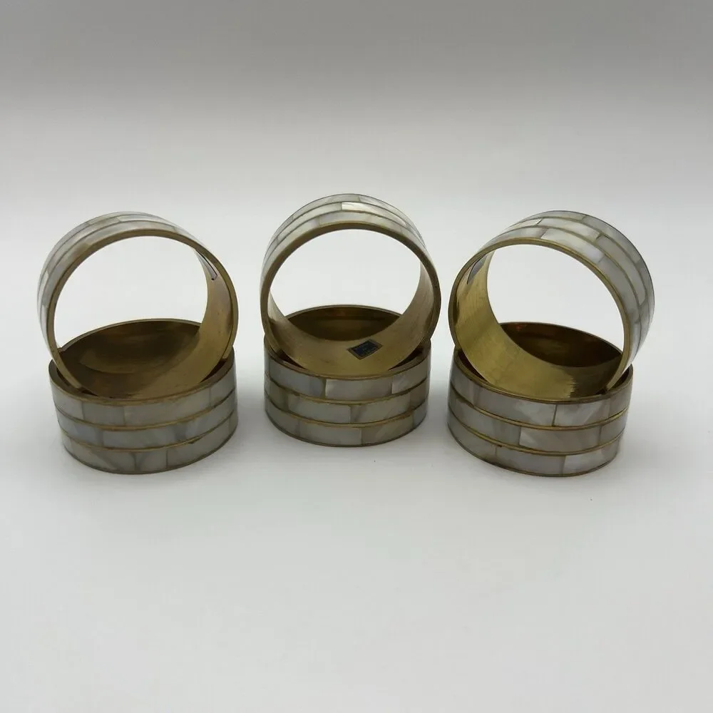 Vintage MOP Brass Napkin Rings Set of 6 Mother of Pearl India Boho Wedding